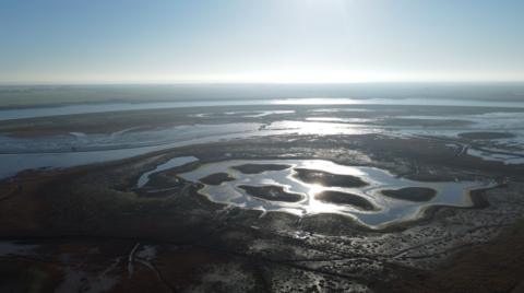 An aerial view of an island with marshes, streams and smaller islands on the coast of England 