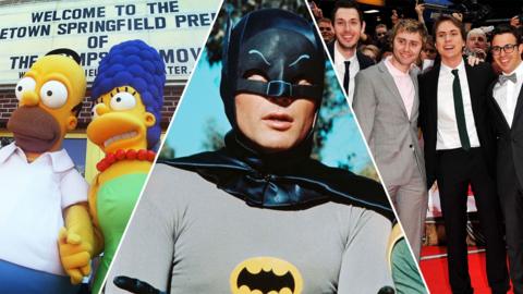 Split image of Homer and Marge Simpson mascots (left), Batman (middle) and the actors in The Inbetweeners film (right).