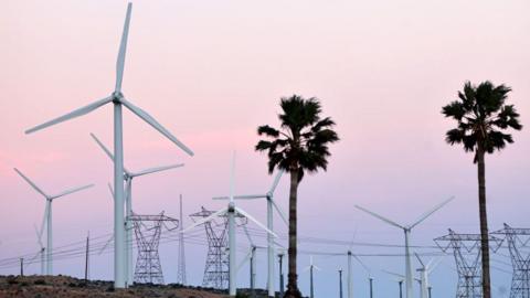 Wind turbines operate at a wind farm on March 05, 2024 near Palm Springs, California. 