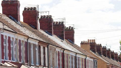 Rooftops of houses with chimneys photographed on a cloudy day.