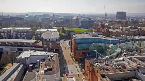 A high shot showing a large landscape of Bristol's Broadmead area including Castle Park and The Galleries Shopping Centre