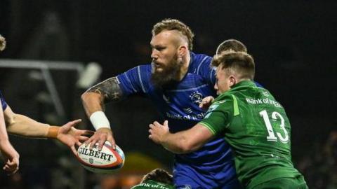 Leinster try-scorer RG Snyman offloads the ball