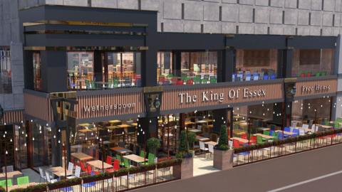 An artist's impression of The King of Essex pub, a large venue that takes up two floors and is packed with tables