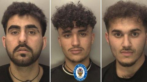 A composite image of three mug shots. On the left is Emal Ahmadzi, who has short dark hair and a short beard. In the centre is Said Raza, who has short, dark, curly hair and a thin moustache. On the right is Hanif Rahman, who has short dark hair