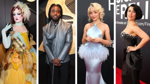 Composite of four stars from the Grammys looking suitably stylish. Left to right there is a woman in renaissance style clothing, a man wearing a silver coloured suit jacket, a blonde woman in a light and long silver dress with a fluffy detail and a woman with black hair in a black strapless dress