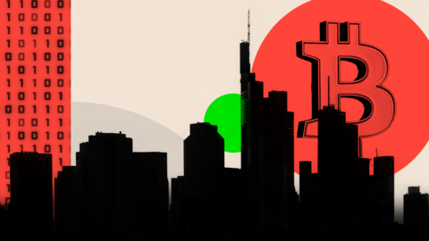 Skyline of a city with a Bitcoin logo