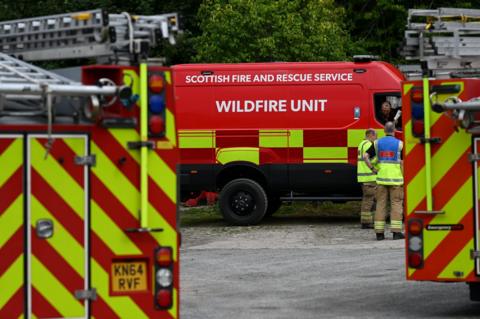 Scottish Fire and Rescue Service firefighters from the Wildfire Unit in Nethy Bridge, close to the wildfire in the Cairngorms National