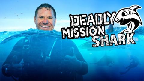 Deadly Mission Shark, Steve Backshall is an older man, he is wearing a scuba suit and holds a thumb up under the water.