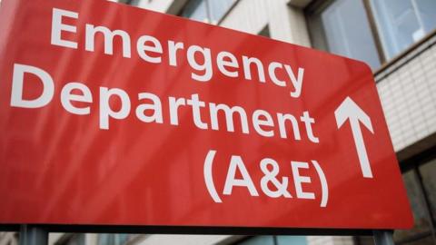 Large, red hospital logo showing patients where the A&E department is.
