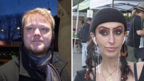 Two people are seen giving their opinions about Greenland.