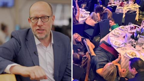 A split screen with Tom Bateman on the left and a photo of people hiding under dinner tables on the right
