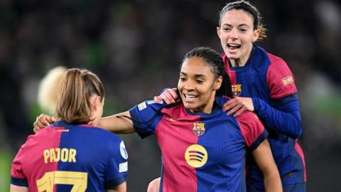 Barcelona celebrate as Salma Paralluelo scores against Wolfsburg