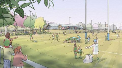 An artist's impression of the proposed rugby ground with drawings of spectators and people playing rugby. There are trees in the background and two clubhouse buildings