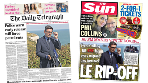 A composite image of the Daily Telegraph and the Sun. "Police warn early release will force patrol cuts" reads the headline of the former and "le rip-off" reads the headline of the latter.
