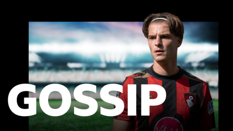 Graphic with gossip written in white capital letters along the bottom and a picture of Alex Scott (right), wearing a black and red Bournemouth shirt