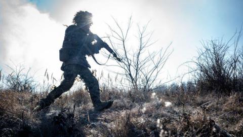 Ukrainian soldiers of the 93rd Brigade attend the combat drills outside of the Pokrovsk, Ukraine on February 13, 2025