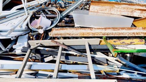 A mixed pile of scrap metal.