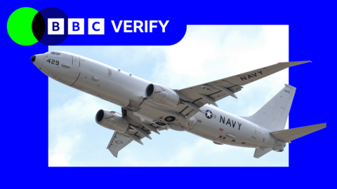 A P-8 Poseidon in flight, with the BBC Verify logo superimposed next to it