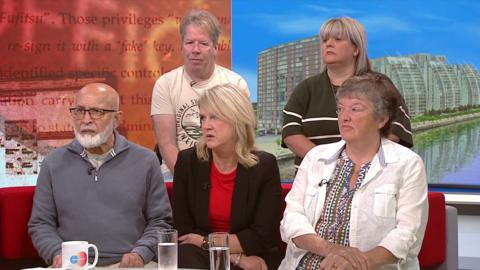 Victims of the Post Office scandal sit on the BBC Breakfast sofa