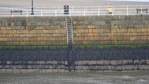 A stone pier with a wooden ladder along the side of the pier