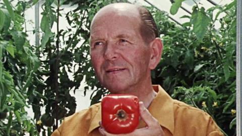 Man smiling while holding a square tomato.