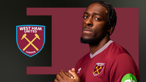 Axel Disasi in front of a claret and black background and the West Ham club badge