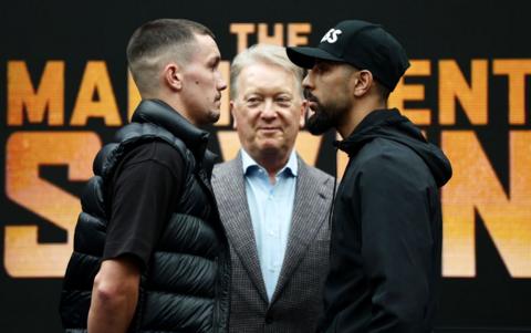 Liam Davies (left) eyeballs challenger Shabaz Masoud under the watching gaze of matchmaker Frank Warren