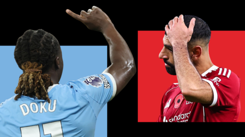 Manchester City's Jeremy Doku and Liverpool's Mohamed Salah