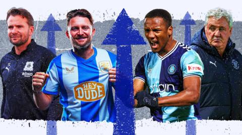 BBC graphic showing Plymouth manager Tom Cleverley, new Huddersfield striker Alfie May, Richard Kone of Wycombe and Blackpool boss Steve Bruce