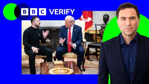 Ros Atkins superimposed before an image of Donald Trump and Volodymyr Zelensky. He is surrounded by the BBC Verify colours