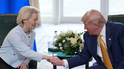 Ursula von der Leyen shakes hands with Donald Trump during a visit to Trump's Turnberry golf club.