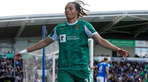 Jayden Luker celebrates his winning goal at Chesterfield