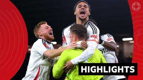 Fulham players celebrate beating Manchester United on penalties