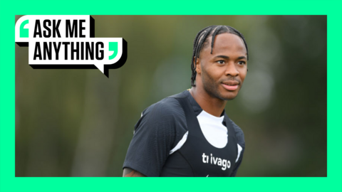 Raheem Sterling in Chelsea training kit on a green-bordered 'Ask Me Anything' graphic