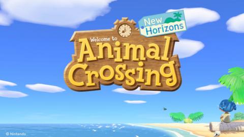 Animal crossing logo in the foreground of the animal crossing beach