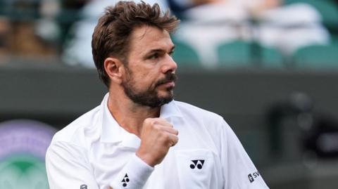 Stan Wawrinka celebrates winning a point at Wimbledon in July