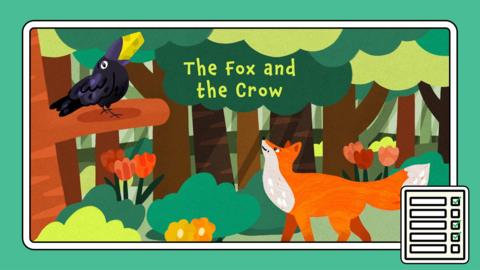 Cartoon crow and fox in a forest depicting a scene from The fox and the crow story