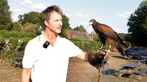 Chesney Hawkes, wearing a white polo shirt and a falconer's glove, looks at a Harris's hawk perched on his gloved hand. The background is a pub beer garden, with grass and picnic tables.