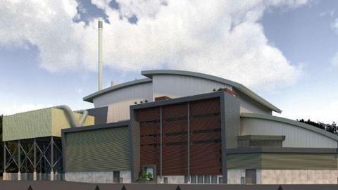 An artist's impression of a waste incinerator site, with a tall white chimney