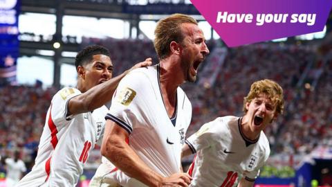Jude Bellingham and Anthony Gordon celebrating Harry Kane's goal.