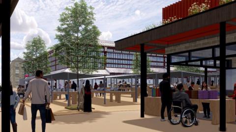 AI image of what the outside of Huddersfield Market will look like