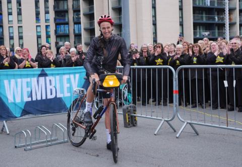 Former Lioness Jill Scott sets off from Wembley Stadium, north London, at the stat of a five day cycle and marathon challenge for Sport Relief, which will complete a 388 mile route from Wembley Stadium in London to Sunderland's Stadium of Light.