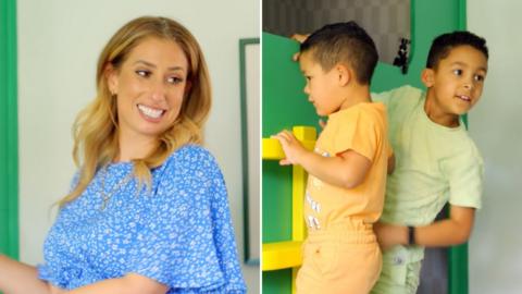 A split image of Stacey Solomon and two children.