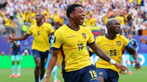 Ecuador's Gonzalo Plata celebrates scoring their second goal with Moises Caicedo