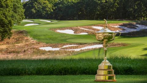 The Ryder Cup trophy on a tee at Bethpage Black