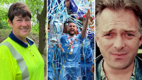 In a composite image, Helen Sherwin is wearing a yellow high-vis jacket, in the middle Coventry City players celebrate the Championship win and comic Rik Mayall