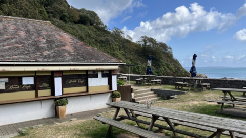 Outside of the Fermain Beach Cafe. There are garden benches surrounding the building. The building is white.