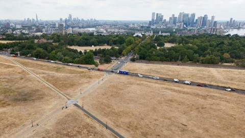 A parched, brown park with the London City and Docklands skylines in the distance