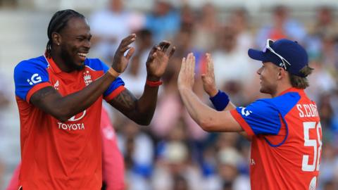 England fast bowler Jofra Archer celebrates taking a wicket