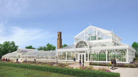A computer-generated image of a restored Victorian glasshouse at the gardens. the images shows a renovated building with plants growing inside, and people walking around a patio area outside, near a border filled with plants and flowers.